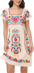 Womens Mexican Embroidered Dress Floral Short Sleeve Boho Mini Dress | Square Neck, Loose Shift Fit, Summer Beach Outfit, Fiesta Party Wear, Casual Sundress for Vacation