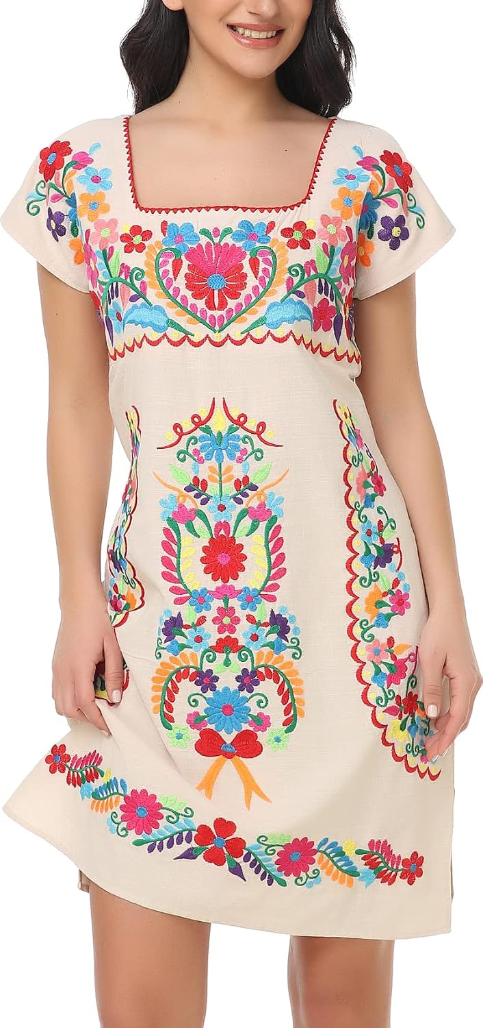 Womens Mexican Embroidered Dress Floral Short Sleeve Boho Mini Dress | Square Neck, Loose Shift Fit, Summer Beach Outfit, Fiesta Party Wear, Casual Sundress for Vacation