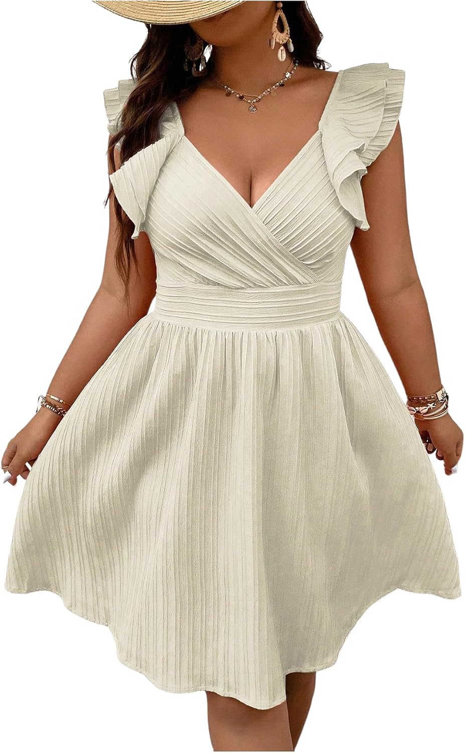 Floerns Women's Plus Size Wrap Front Sweetheart Neck Ruffle Cap Sleeve A Line Dress