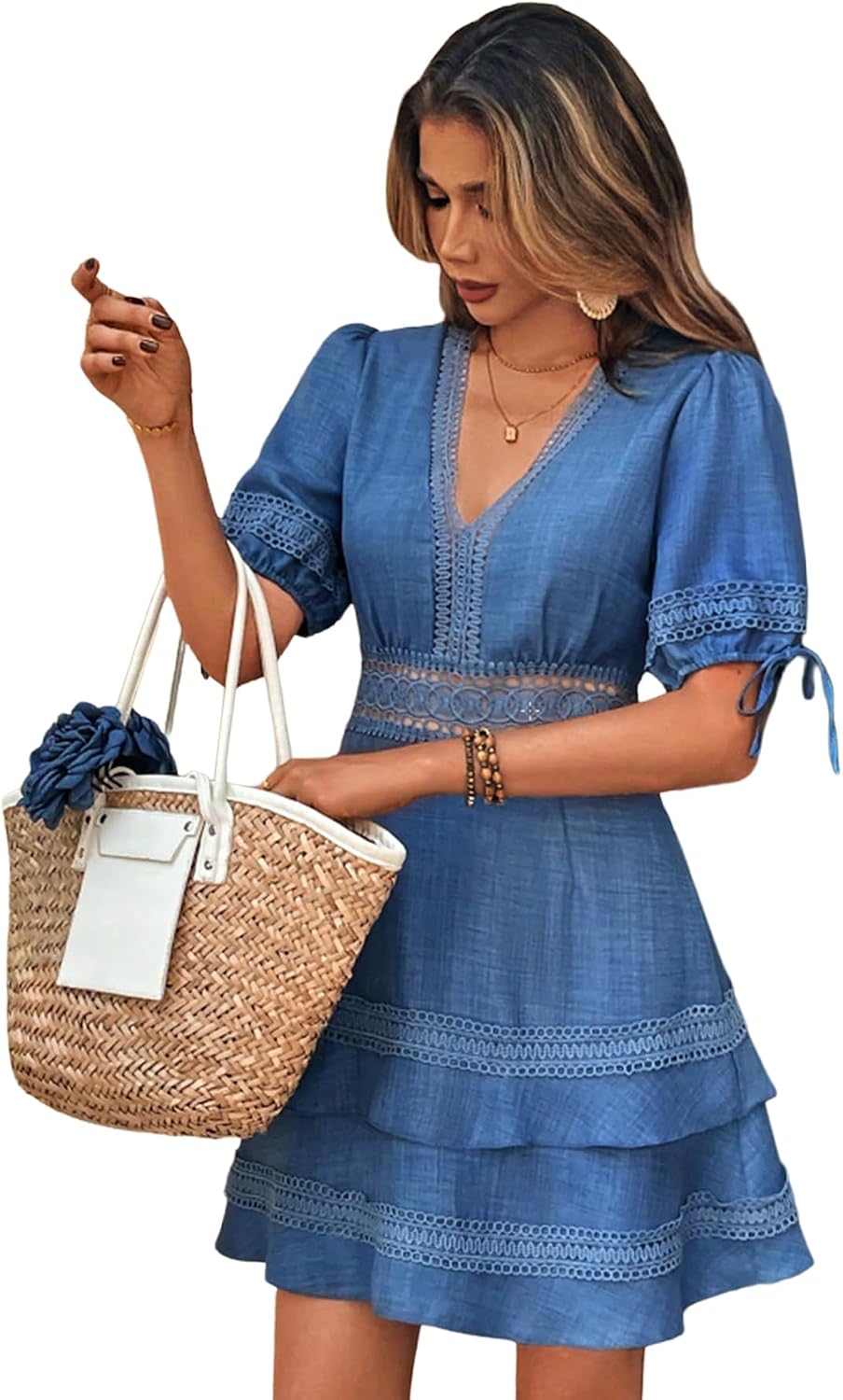 SOLY HUX Women's Summer Dress Lace Short Sleeve A Line Layered Short Dress | Hollow Out, ,V Neck, Puff Sleeve, Mini Dresses
