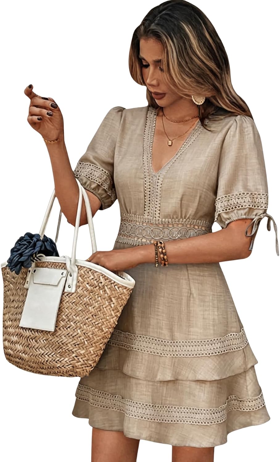 SOLY HUX Women's Summer Dress Lace Short Sleeve A Line Layered Short Dress | Hollow Out, ,V Neck, Puff Sleeve, Mini Dresses