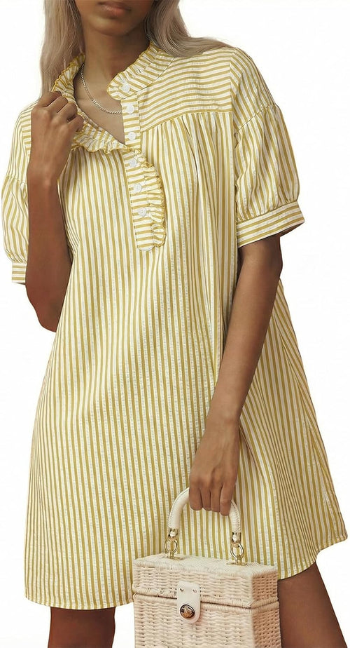 BLENCOT Summer Dresses for Women Puff Sleeve Striped Button Mini Dress | Dressy Casual Dresses, Women's Button Front Ruffle Collar Dress With Pockets Outfit for Work Vacation School