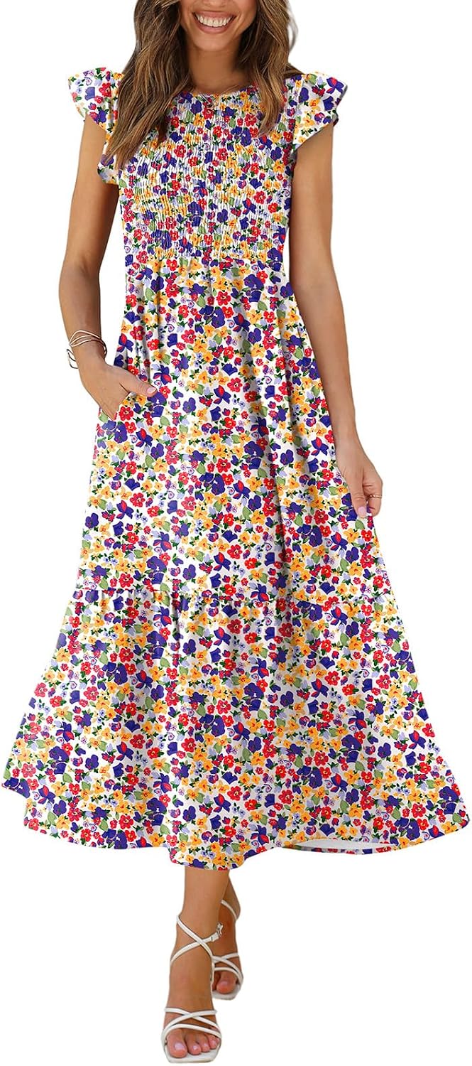 OFEEFAN Women's Casual Maxi Dresses with Pockets Ruffle Sleeve Smocked Dress XS-2XL