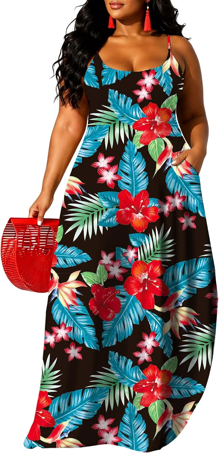 UOUA Hawaiian Dresses Women Plus Size Luau Party Sundress Summer Maxi Tropical Boho Beach Dress