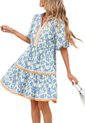 Women Floral Babydoll Mini Dress V Neck Puff Sleeve Striped Color Block Sundress