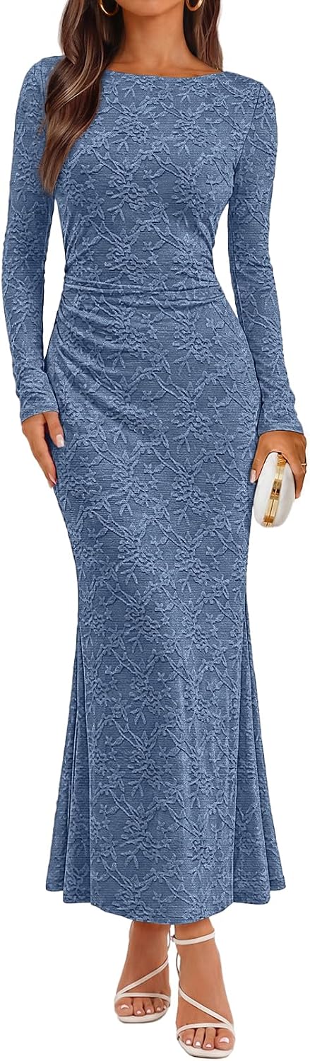 MEROKEETY Women's Fall Wedding Guest Formal Floral Maxi Dresses | Long Sleeve, Bodycon, 2026 Winter, Cocktail Party, Boat Neck, Lace Jacquard Knit, Mermaid Hem, Sheer Sleeves, Long Dress