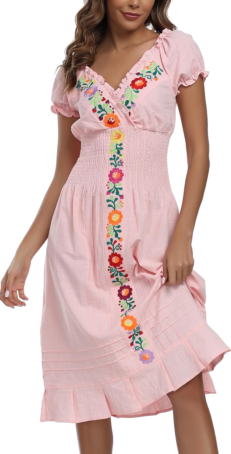 YZXDORWJ Women Mexican Embroidered Casual Dress Summer Ruffle V Neck Short Sleeves