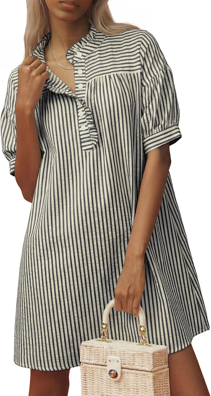 BLENCOT Summer Dresses for Women Puff Sleeve Striped Button Mini Dress | Dressy Casual Dresses, Women's Button Front Ruffle Collar Dress With Pockets Outfit for Work Vacation School