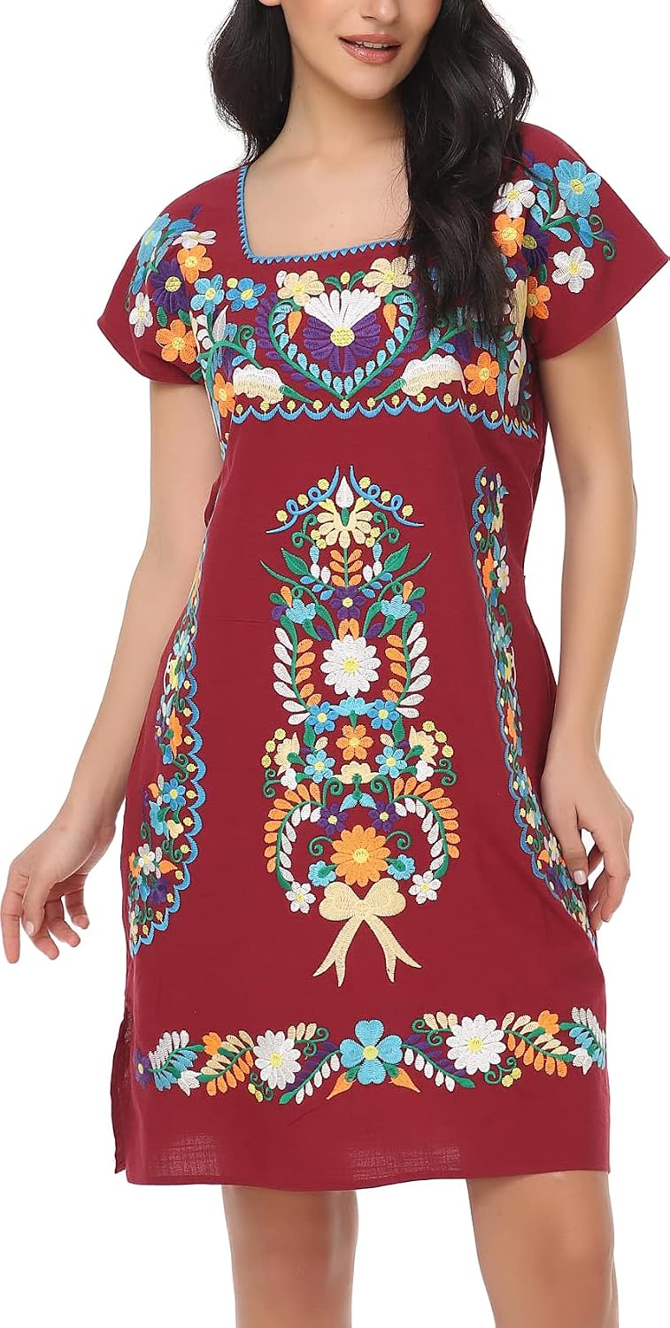 Womens Mexican Embroidered Dress Floral Short Sleeve Boho Mini Dress | Square Neck, Loose Shift Fit, Summer Beach Outfit, Fiesta Party Wear, Casual Sundress for Vacation