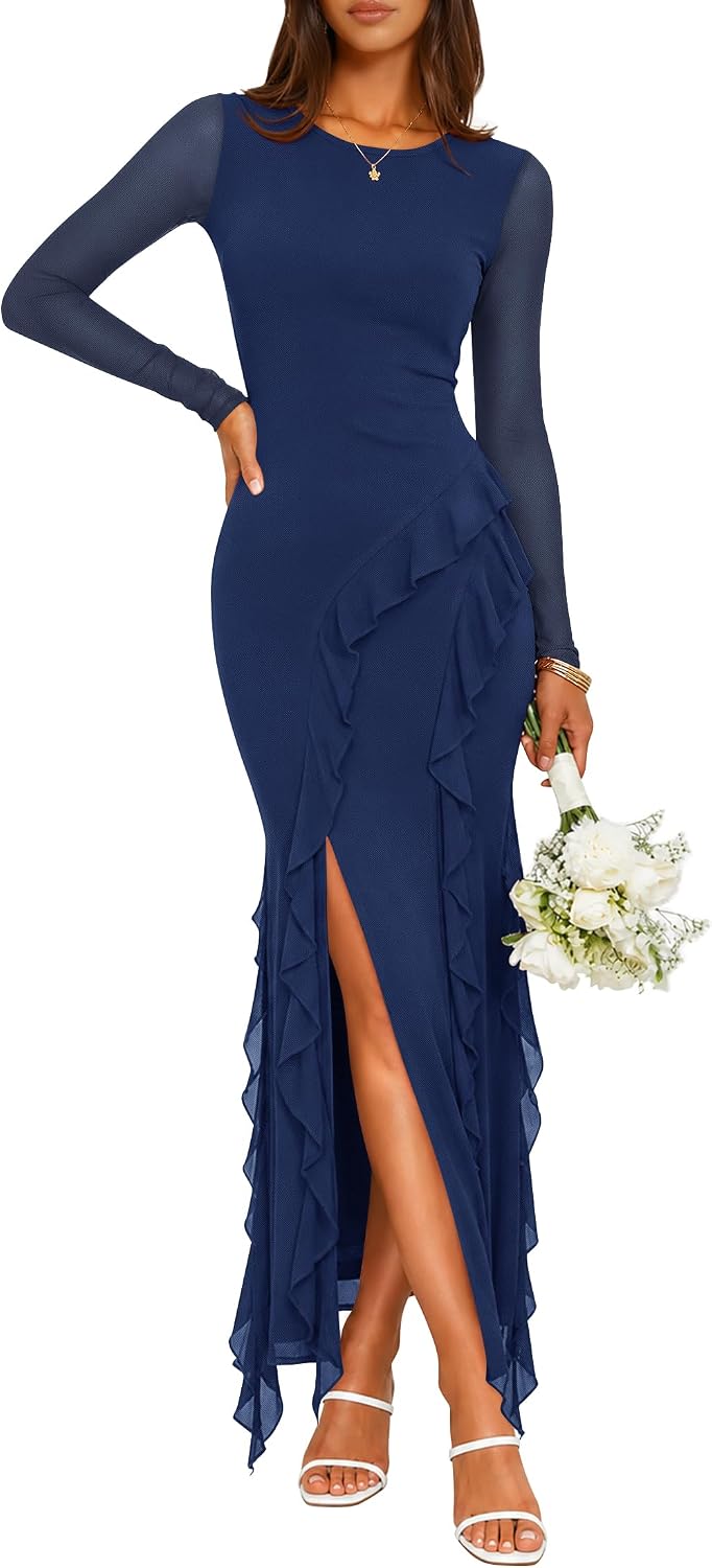 ZESICA Womens Fall Long Sleeve Mesh Bodycon Wedding Guest Maxi Dresses | Asymmetric Ruffle Hem, Side Slit, Sheer Mesh Sleeve, Formal Cocktail Party Dress, Date Night Outfit, Elegant Evening Dress