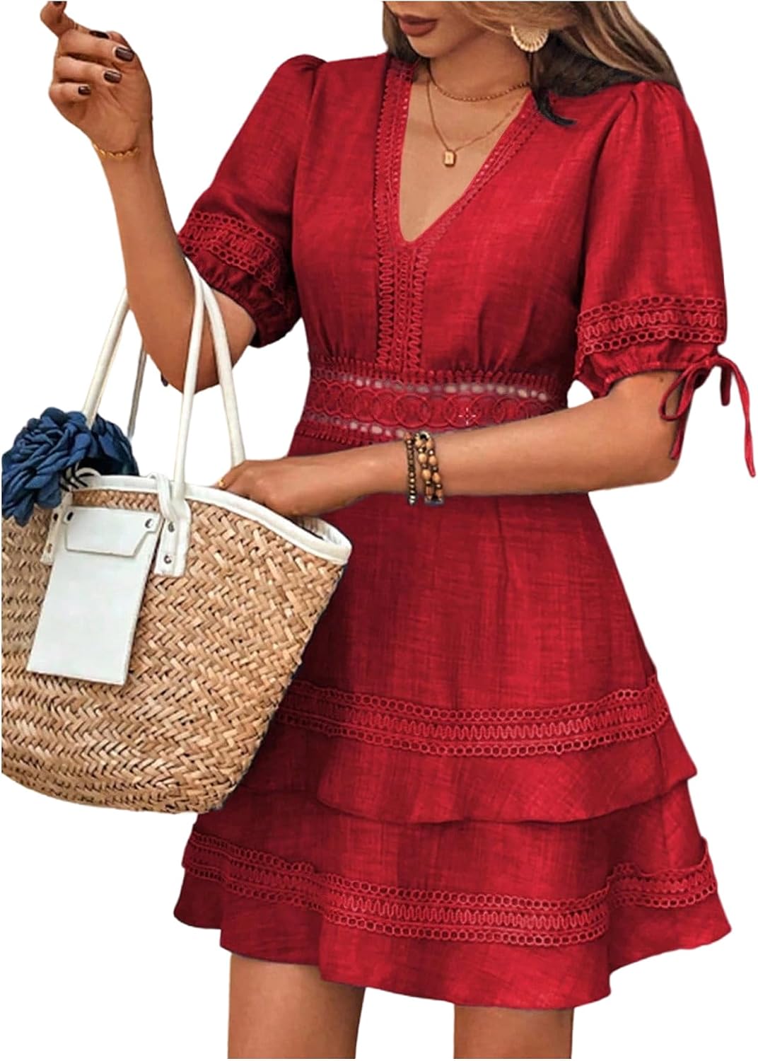 SOLY HUX Women's Summer Dress Lace Short Sleeve A Line Layered Short Dress | Hollow Out, ,V Neck, Puff Sleeve, Mini Dresses