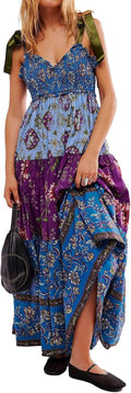 ABYOVRT Women Floral Maxi Dress Tie Shoulder Patchwork Smocked Flowy Boho Dress with Pockets Summer Vacation Sundress