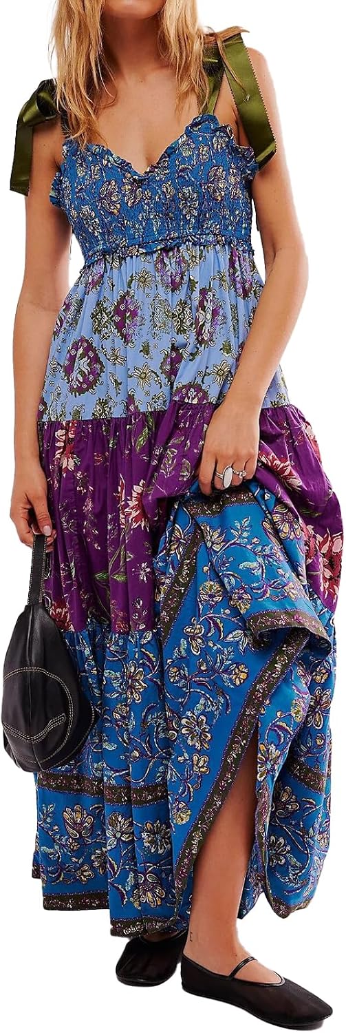 ABYOVRT Women Floral Maxi Dress Tie Shoulder Patchwork Smocked Flowy Boho Dress with Pockets Summer Vacation Sundress