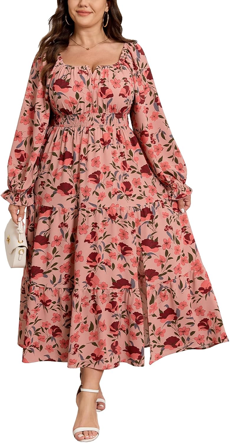 SCOMCHIC Womens Plus Size Formal Dress Fall Long Sleeve Square Neck Flowy A Line Tiered Side Split Wedding Guest Maxi Dress
