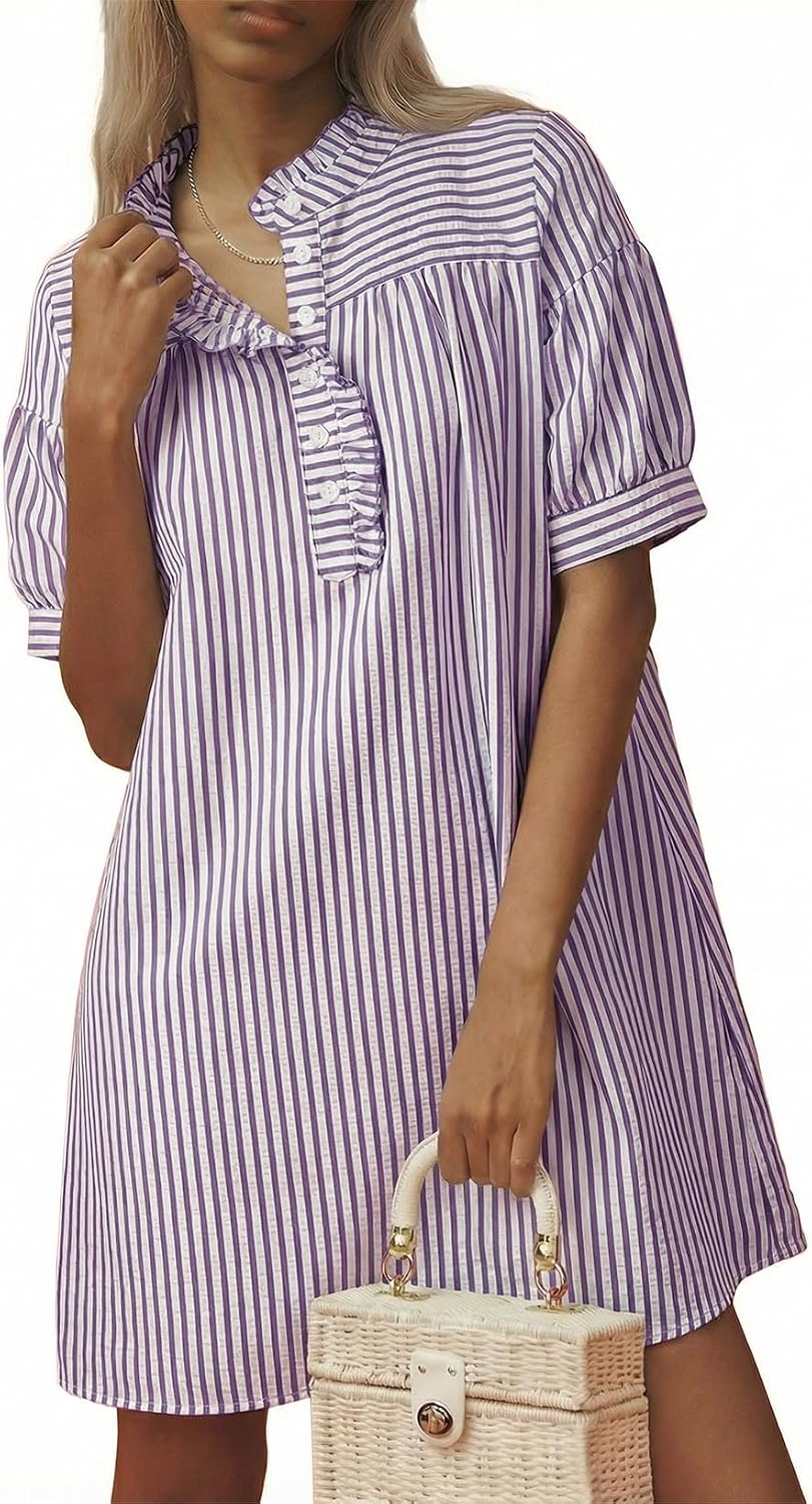 BLENCOT Summer Dresses for Women Puff Sleeve Striped Button Mini Dress | Dressy Casual Dresses, Women's Button Front Ruffle Collar Dress With Pockets Outfit for Work Vacation School