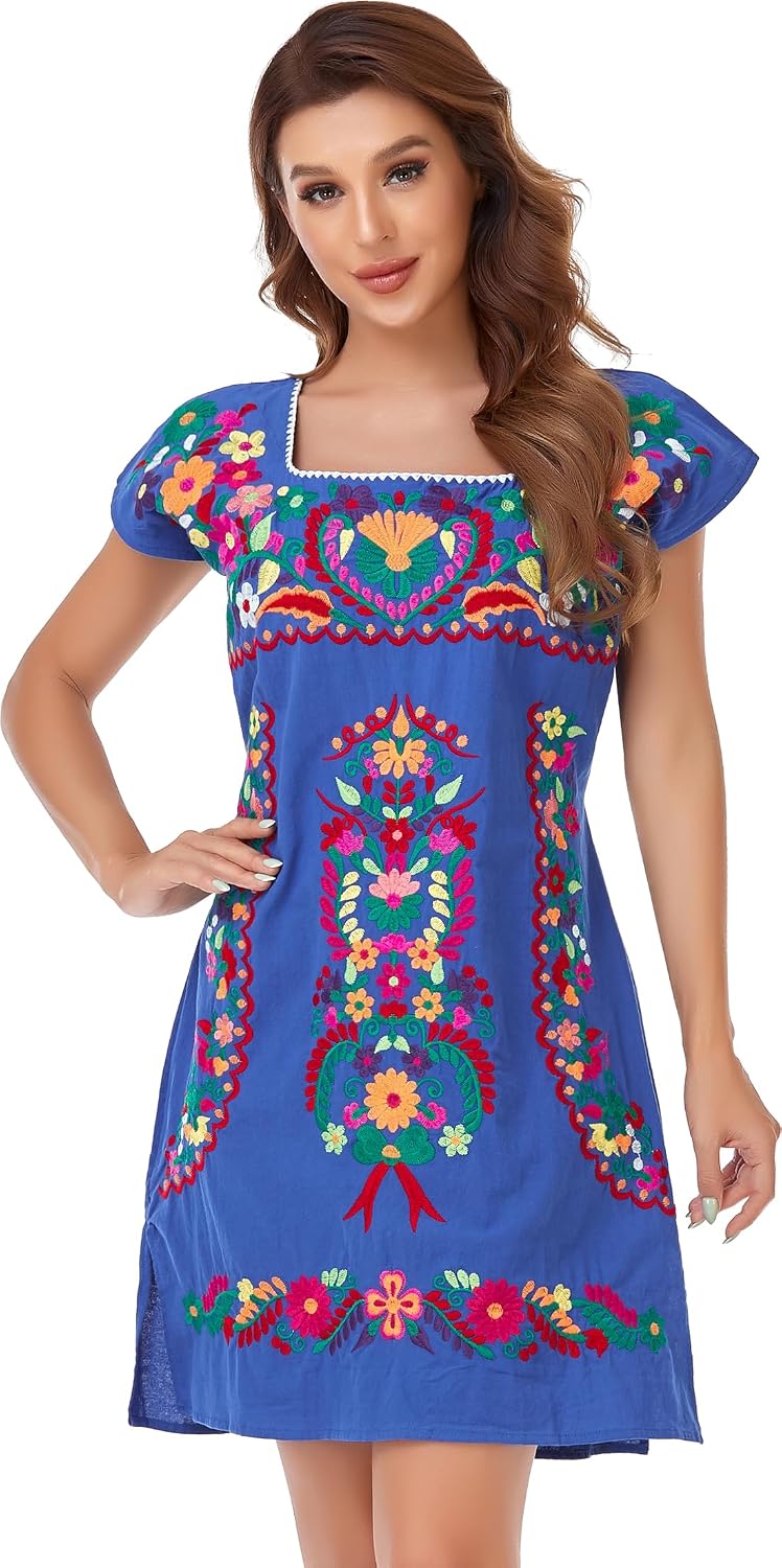 Womens Mexican Embroidered Dress Floral Short Sleeve Boho Mini Dress | Square Neck, Loose Shift Fit, Summer Beach Outfit, Fiesta Party Wear, Casual Sundress for Vacation