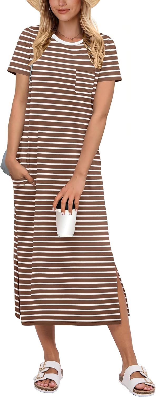 ANRABESS Womens Midi Dress,Summer Long Tshirts Dresses,Short Sleeve Split Stripe,Comfy Travel Beach Vacation Casual Wear