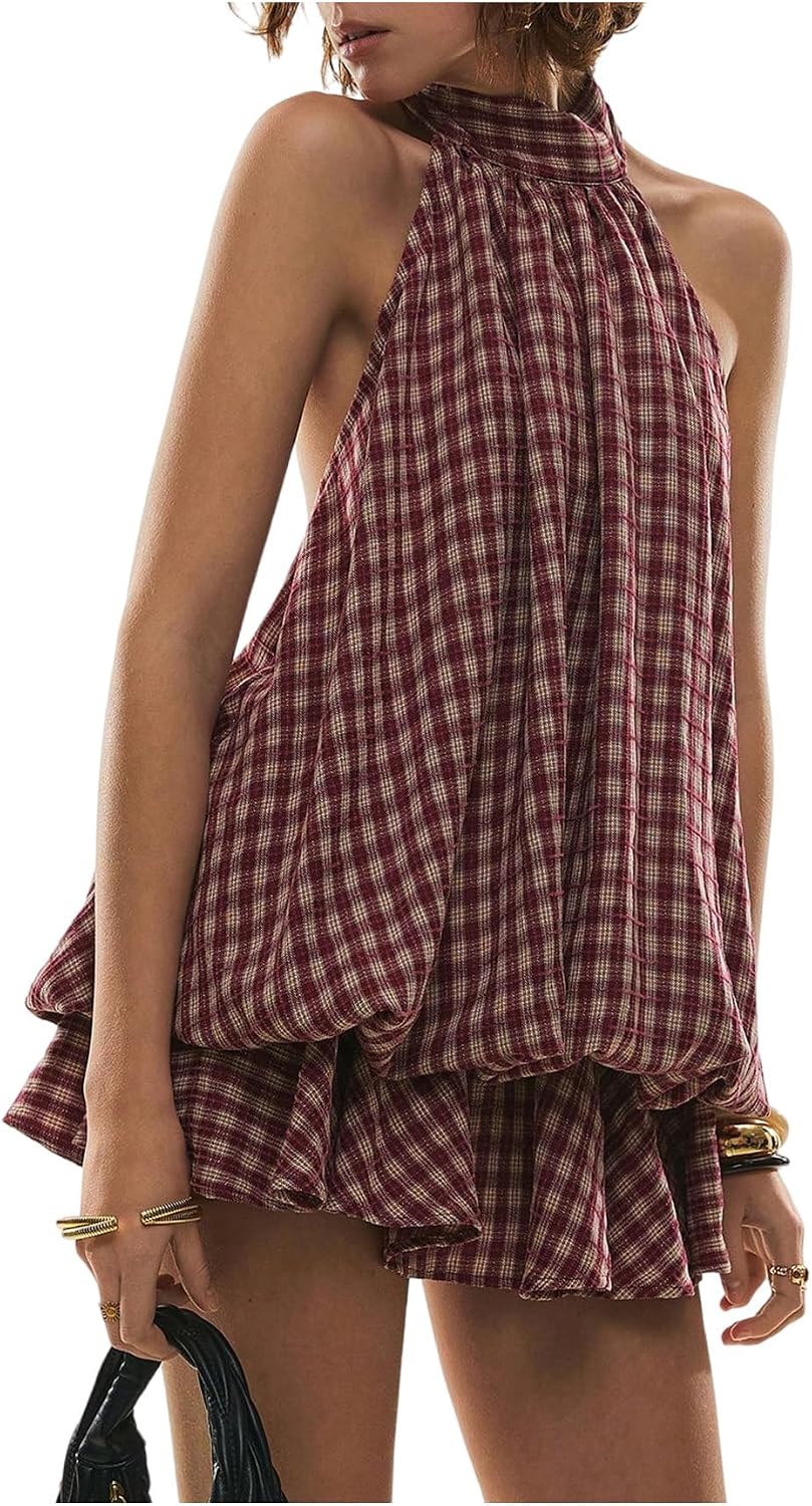 Floerns Women's Gingham Halter Mini Dress Y2k Backless Ruffle Hem Dresses | Plaid, Tie Open Back, Bubble Dress, Built in Shorts, Sundress, Going Out Outfits