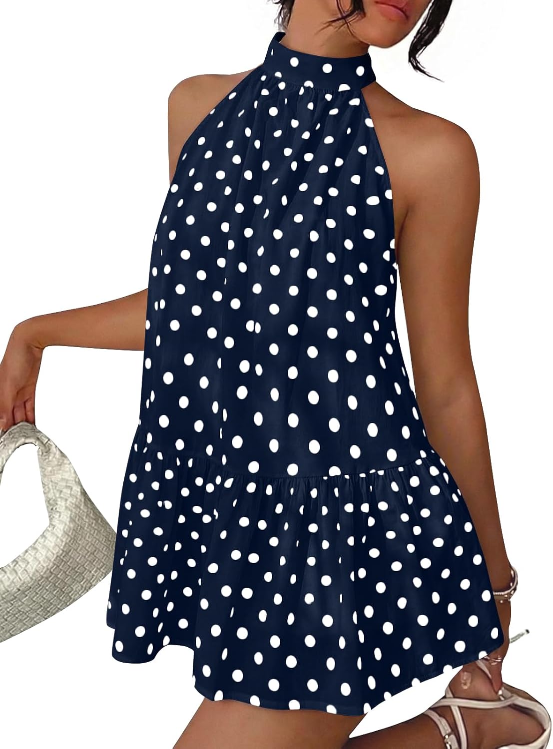 LILLUSORY Women Halter Polka Dot Babydoll Summer Mini Dresses | Date Night Outfit, A Line Flowy Cute Dress, Sleeveless Dress For Layering In Fall, Beach Vacation Party Resort Sundress