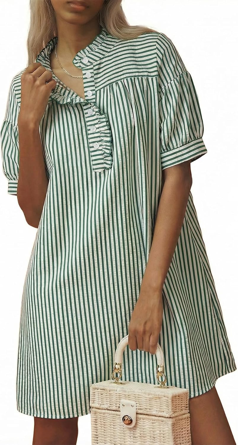 BLENCOT Summer Dresses for Women Puff Sleeve Striped Button Mini Dress | Dressy Casual Dresses, Women's Button Front Ruffle Collar Dress With Pockets Outfit for Work Vacation School