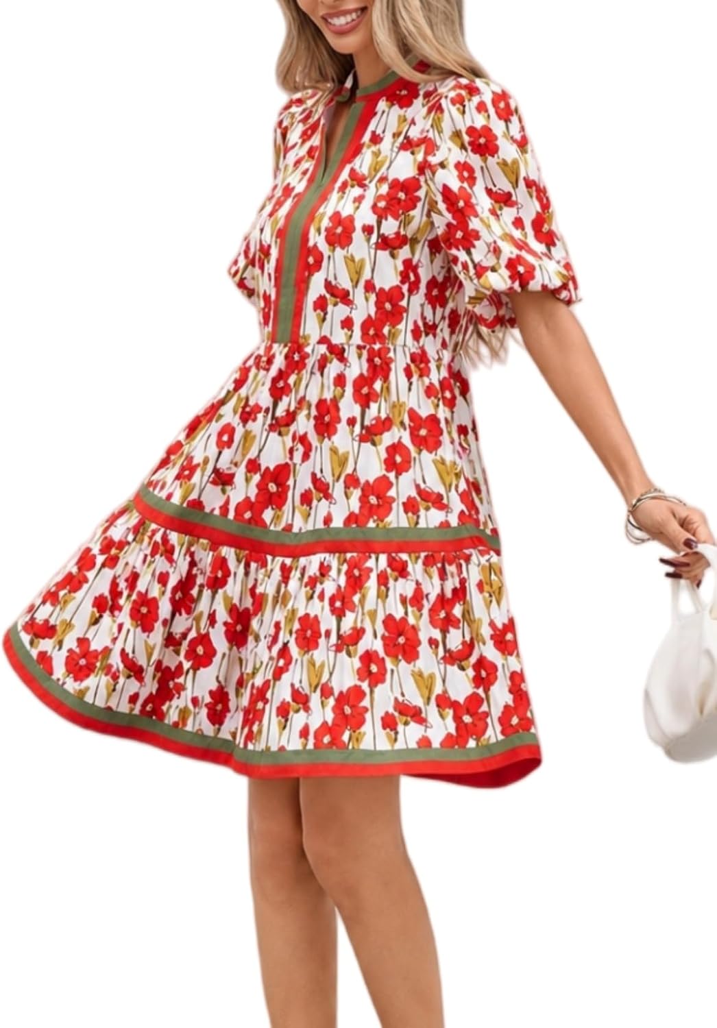 Women Floral Babydoll Mini Dress V Neck Puff Sleeve Striped Color Block Sundress