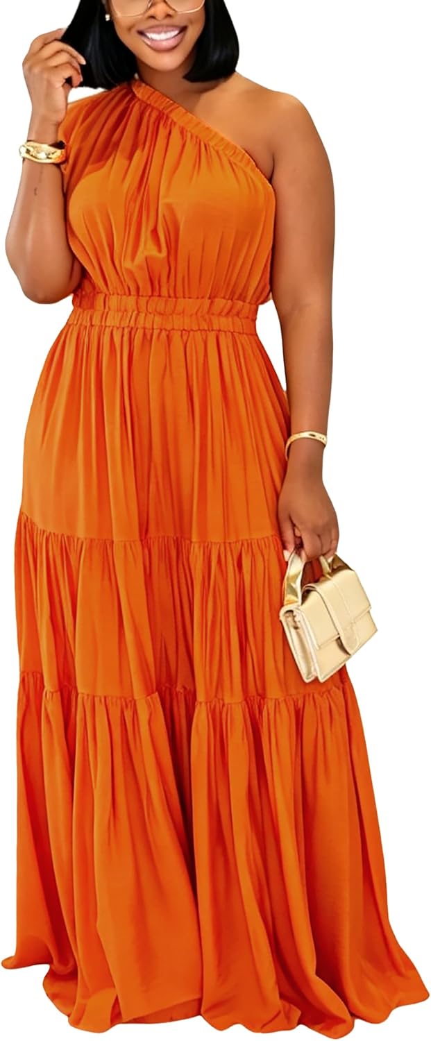 YUEWOO Casual Summer Dresses for Women One Shoulder Sleeveless Boho Beach Maxi Dress Flowy Long Sundresses Vacation Outfits