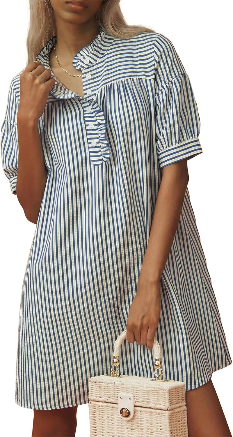 BLENCOT Summer Dresses for Women Puff Sleeve Striped Button Mini Dress | Dressy Casual Dresses, Women's Button Front Ruffle Collar Dress With Pockets Outfit for Work Vacation School