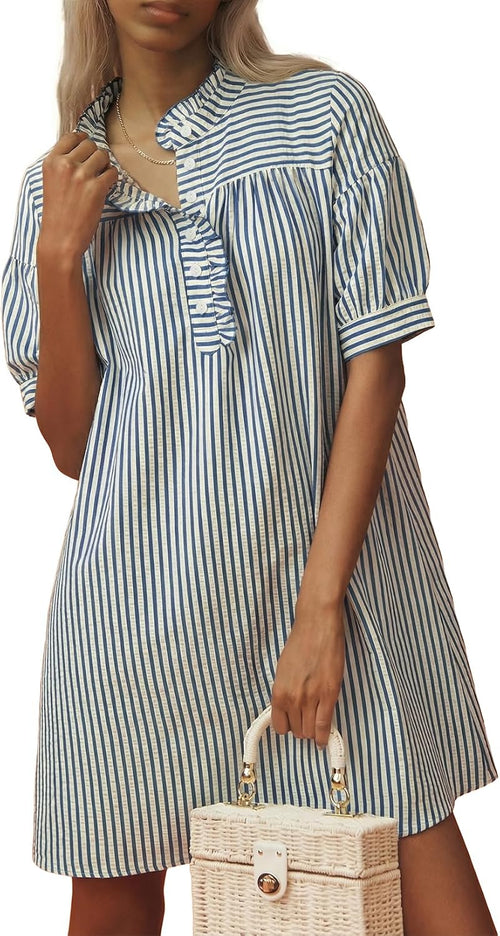 BLENCOT Summer Dresses for Women Puff Sleeve Striped Button Mini Dress | Dressy Casual Dresses, Women's Button Front Ruffle Collar Dress With Pockets Outfit for Work Vacation School