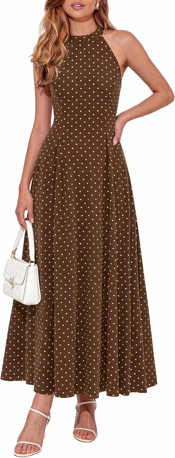 PRETTYGARDEN Summer Flowy Halter Dresses for Women | Elegant Floral\/Polka Dot Print,Sleeveless A-Line,Maxi Long Sundress,Beach Vacation Outfits,Party Wedding Guest Dress