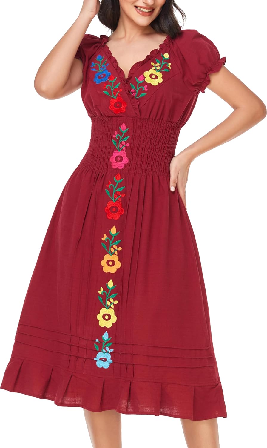 YZXDORWJ Women Mexican Embroidered Casual Dress Summer Ruffle V Neck Short Sleeves