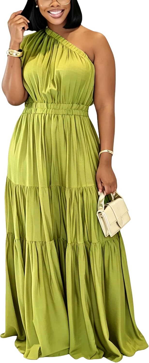 YUEWOO Casual Summer Dresses for Women One Shoulder Sleeveless Boho Beach Maxi Dress Flowy Long Sundresses Vacation Outfits