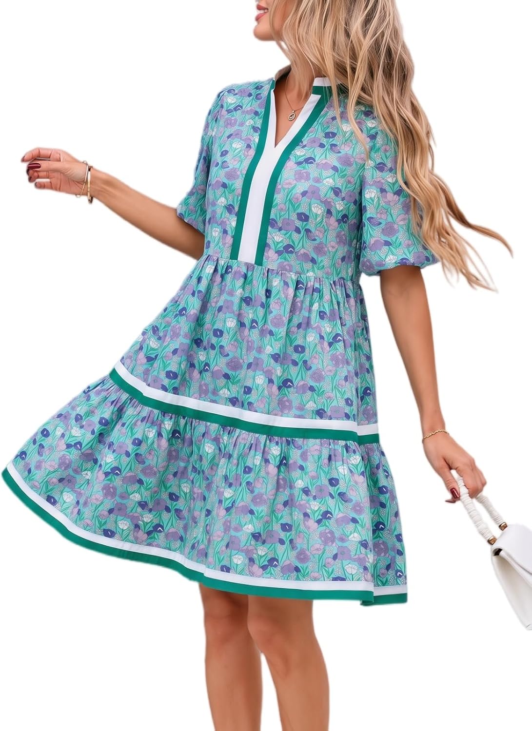 Women Floral Babydoll Mini Dress V Neck Puff Sleeve Striped Color Block Sundress