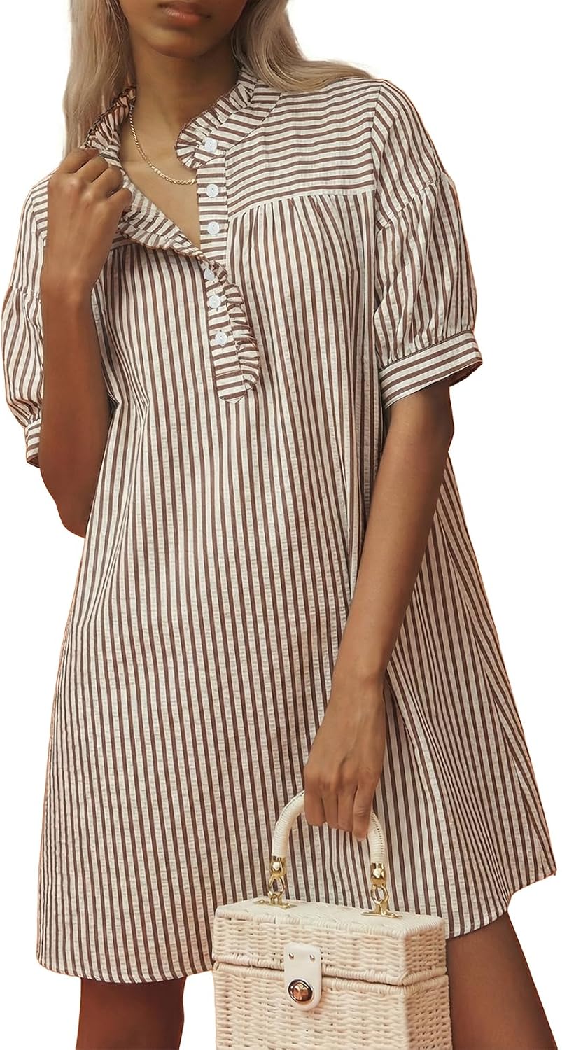 BLENCOT Summer Dresses for Women Puff Sleeve Striped Button Mini Dress | Dressy Casual Dresses, Women's Button Front Ruffle Collar Dress With Pockets Outfit for Work Vacation School