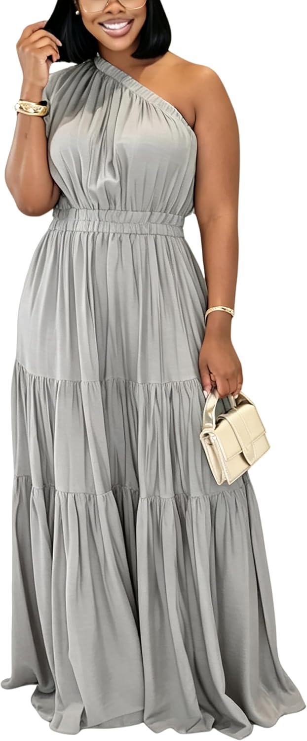 YUEWOO Casual Summer Dresses for Women One Shoulder Sleeveless Boho Beach Maxi Dress Flowy Long Sundresses Vacation Outfits