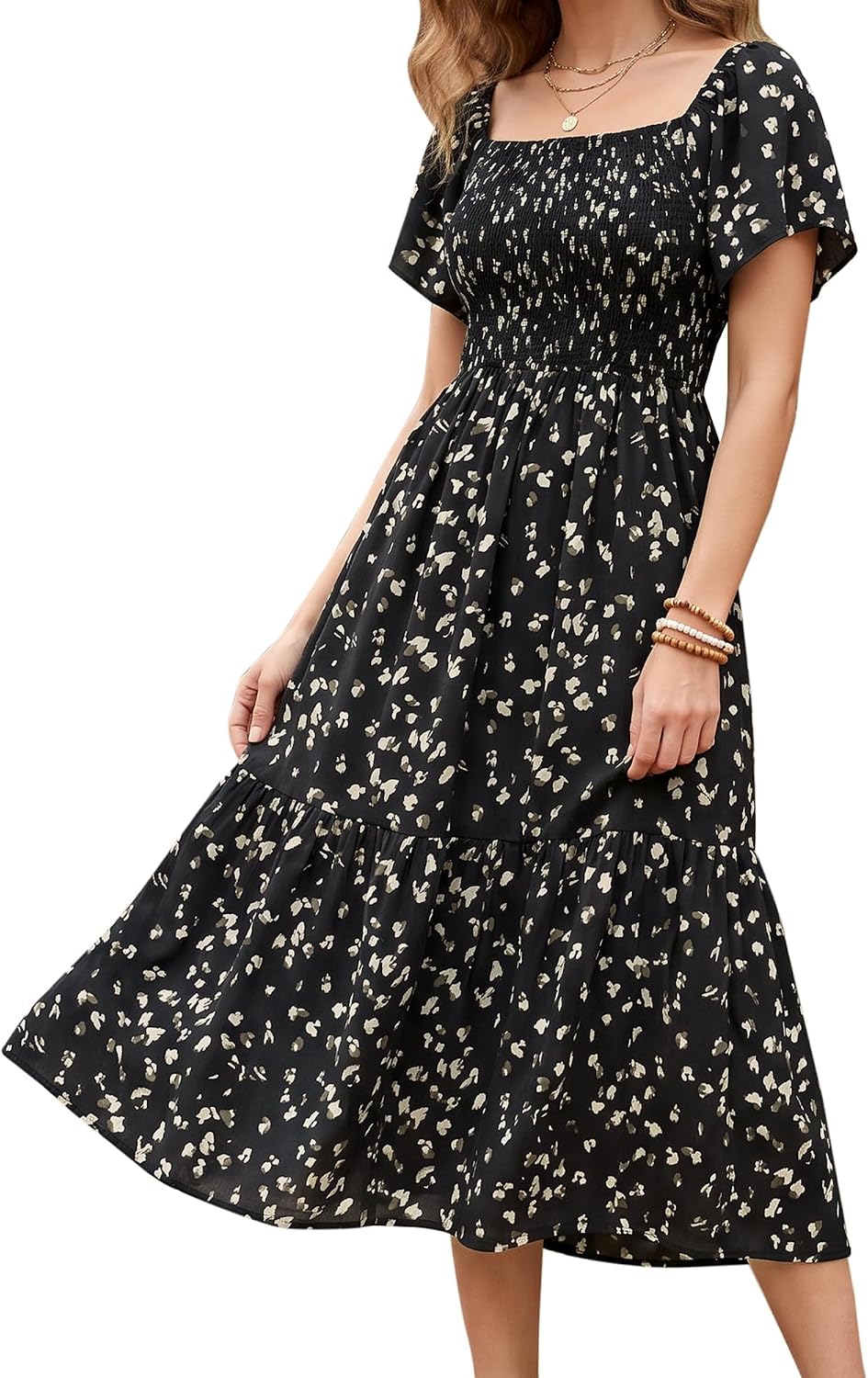 Summer Casual Floral Dresses for Women Beach Vacation Midi Sundresses Short Sleeve Square Neck Boho Flowy Smocked Dress