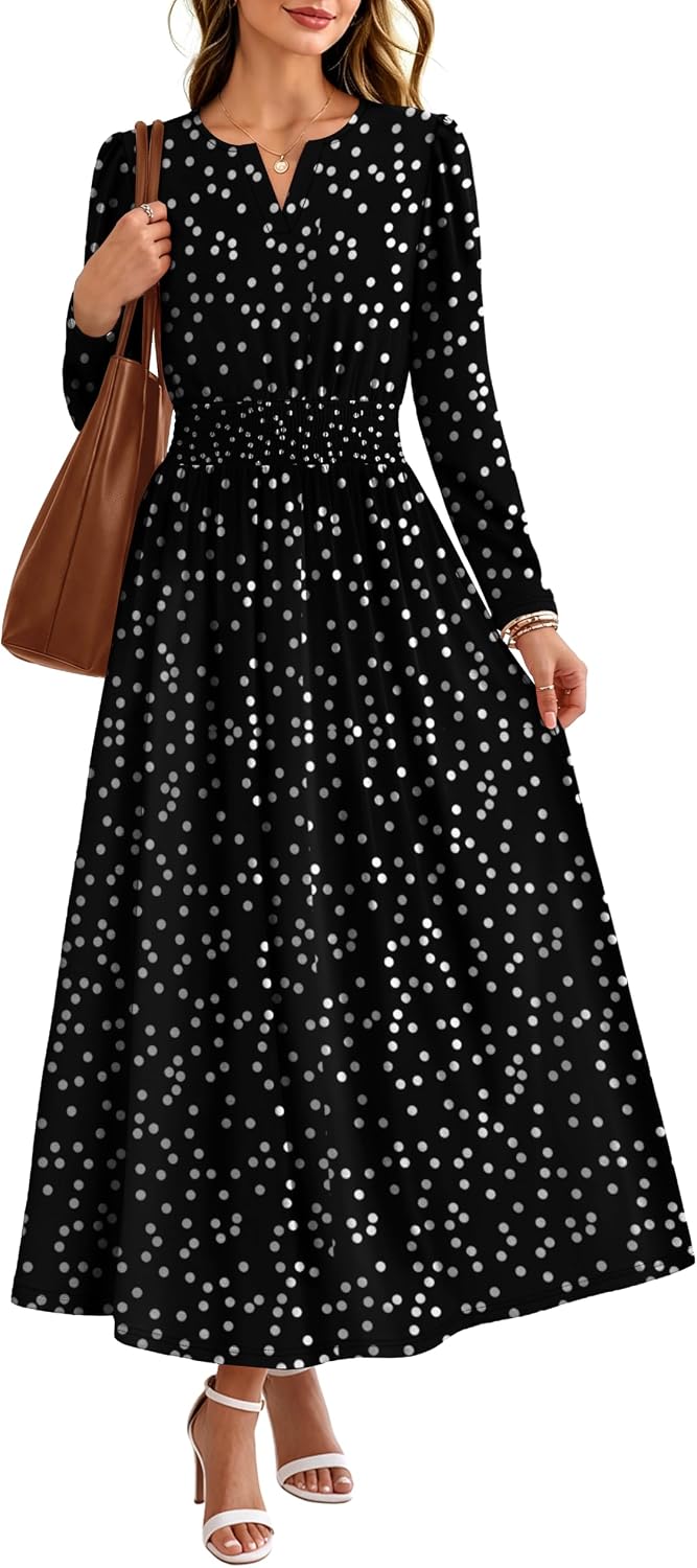 OFEEFAN 2026 Womens Fall Boho Floral Long Sleeve Maxi Dresses with Pockets | Smocked Waist, Notch V Neck, Flowy, A Line, Elegant, Comfy Soft, Casual Daily Work Wedding Guest Church Beach, Fall Outfits