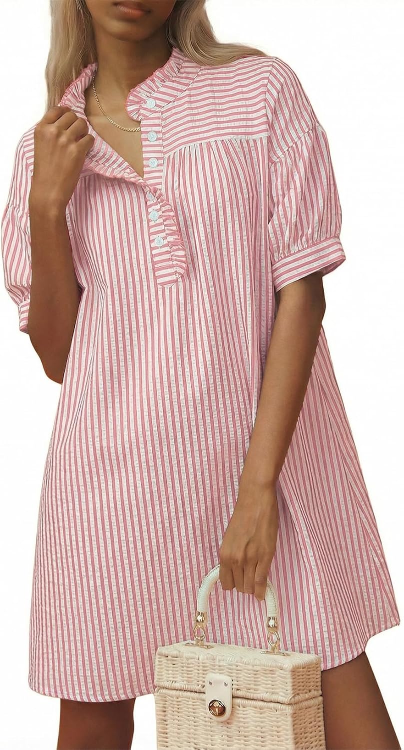 BLENCOT Summer Dresses for Women Puff Sleeve Striped Button Mini Dress | Dressy Casual Dresses, Women's Button Front Ruffle Collar Dress With Pockets Outfit for Work Vacation School