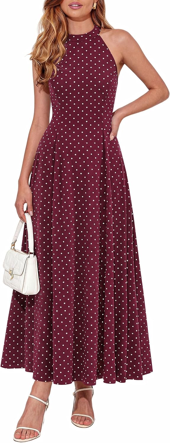 PRETTYGARDEN Summer Flowy Halter Dresses for Women | Elegant Floral\/Polka Dot Print,Sleeveless A-Line,Maxi Long Sundress,Beach Vacation Outfits,Party Wedding Guest Dress