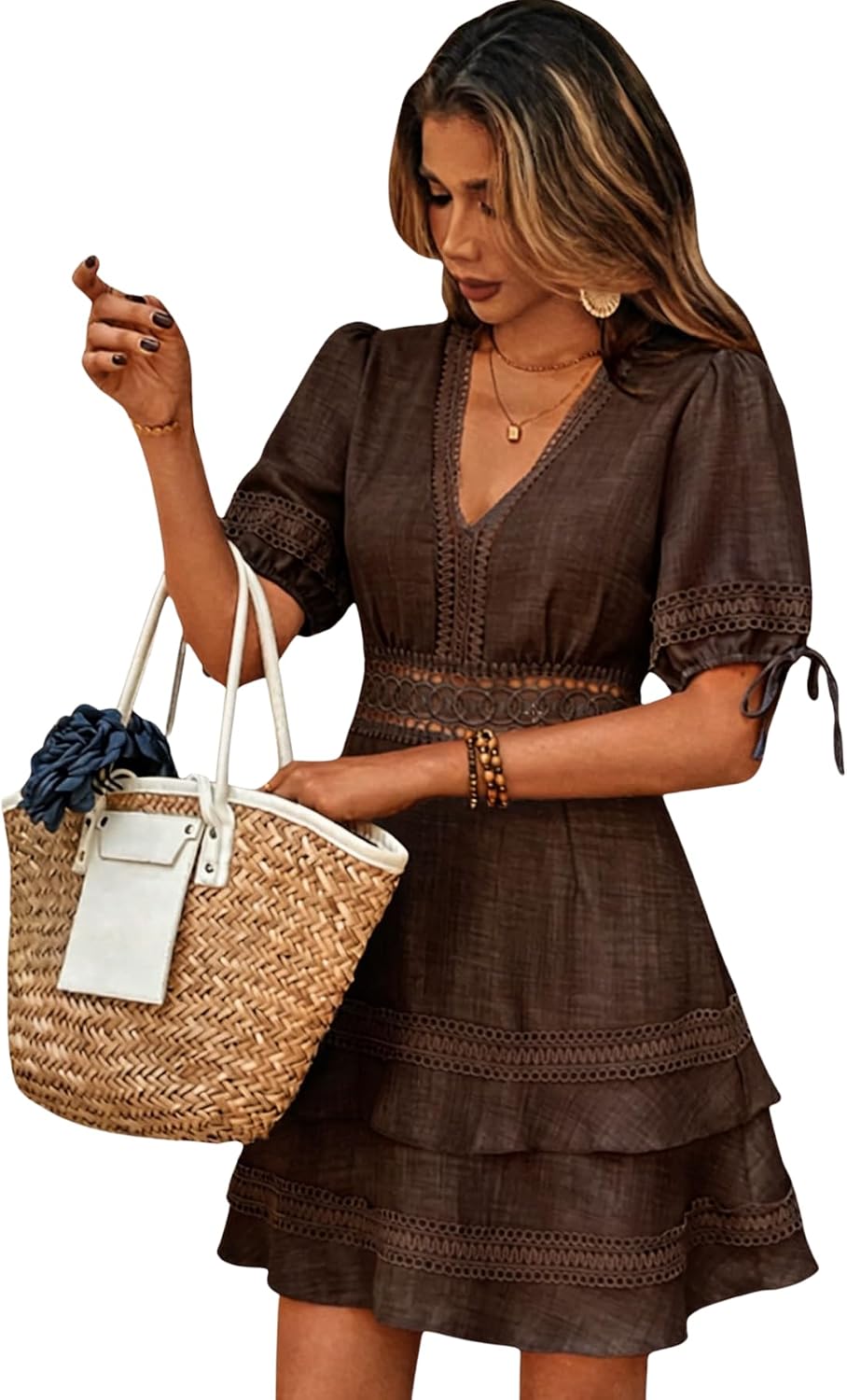 SOLY HUX Women's Summer Dress Lace Short Sleeve A Line Layered Short Dress | Hollow Out, ,V Neck, Puff Sleeve, Mini Dresses