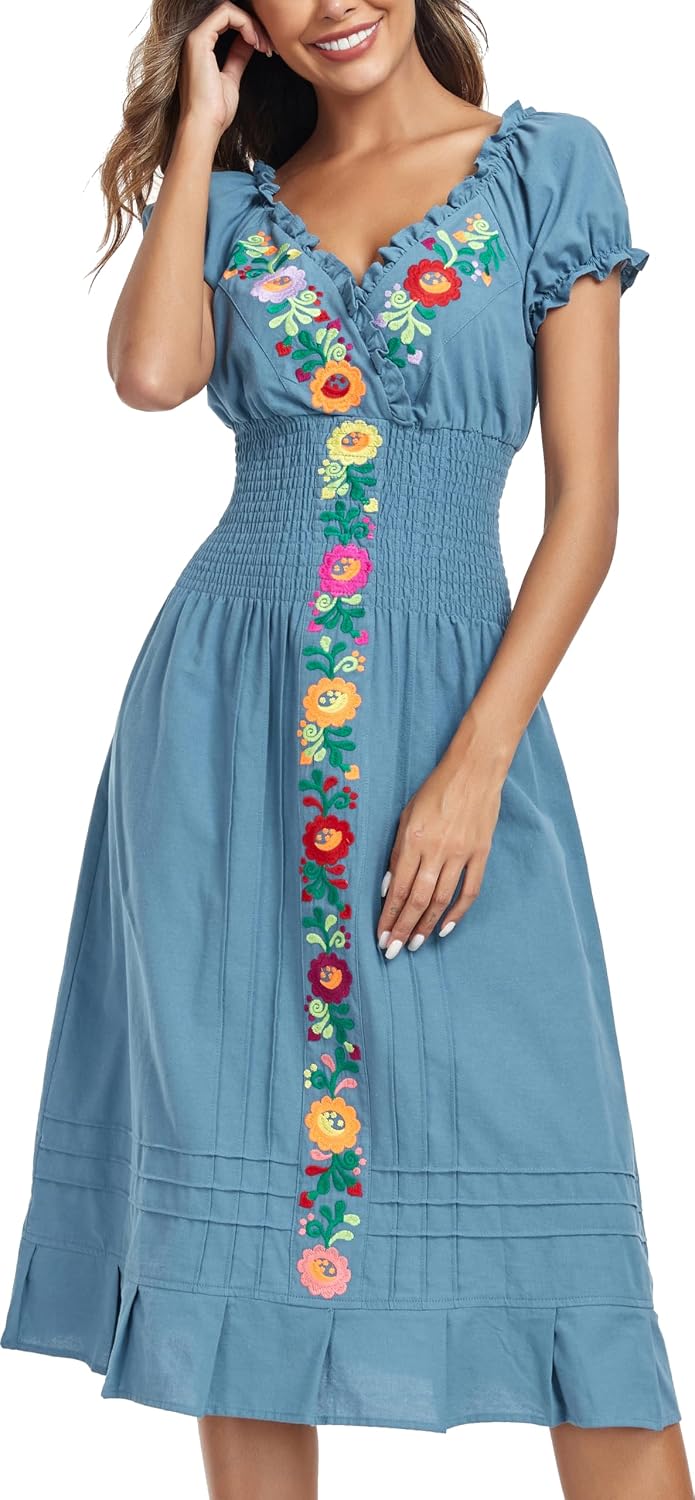 YZXDORWJ Women Mexican Embroidered Casual Dress Summer Ruffle V Neck Short Sleeves