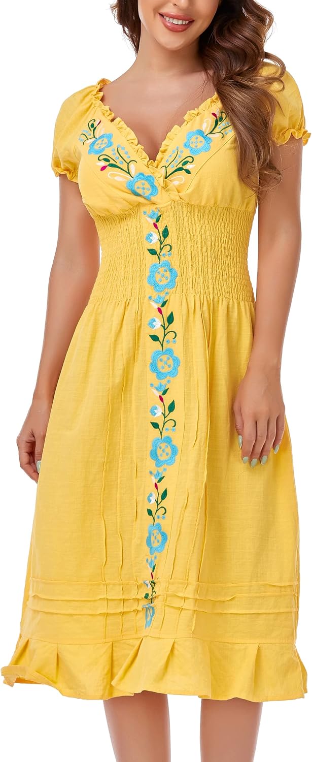 YZXDORWJ Women Mexican Embroidered Casual Dress Summer Ruffle V Neck Short Sleeves