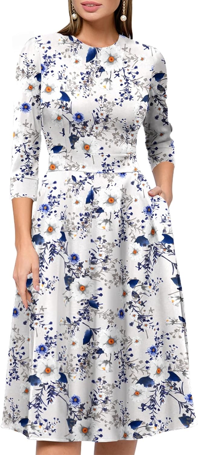 Simple Flavor Womens Floral Vintage Midi Dress 3\/4 Sleeve | with pockets, Fit and flare aline, Knee-length, Church, Semi-formal, Wedding guest, Retro tea party & derby outfits