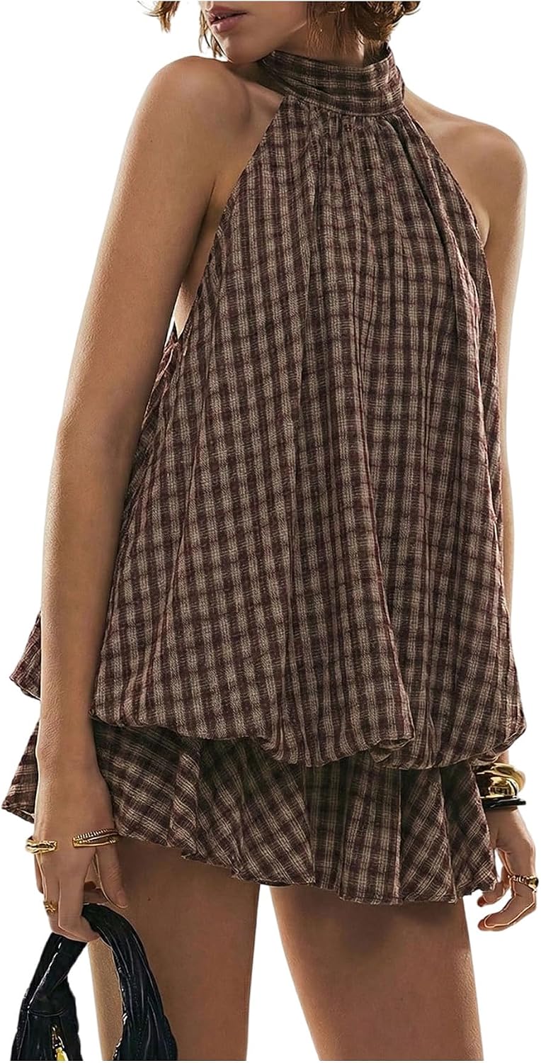 Floerns Women's Gingham Halter Mini Dress Y2k Backless Ruffle Hem Dresses | Plaid, Tie Open Back, Bubble Dress, Built in Shorts, Sundress, Going Out Outfits