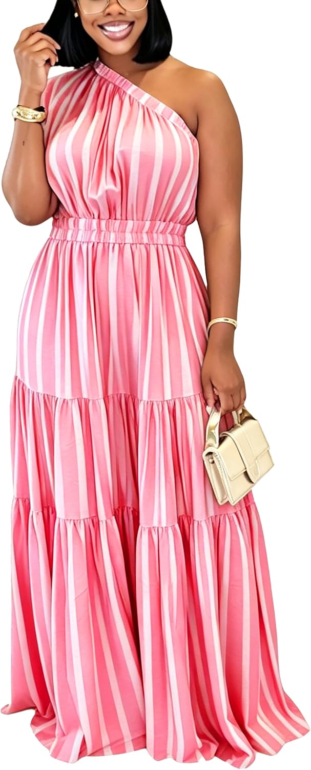YUEWOO Casual Summer Dresses for Women One Shoulder Sleeveless Boho Beach Maxi Dress Flowy Long Sundresses Vacation Outfits