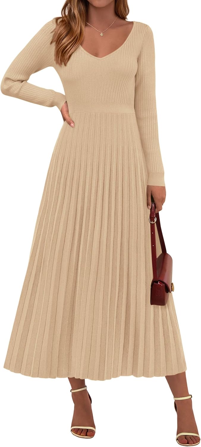 PRETTYGARDEN Sweater Dress Women Long Sleeve Maxi Flowy Pleated Dresses | Cozy Ribbed Knit, Swing A Line, Elegant Fall Outfits for Wedding Guest, Holiday Party, Date Night, Winter Office Work Clothes
