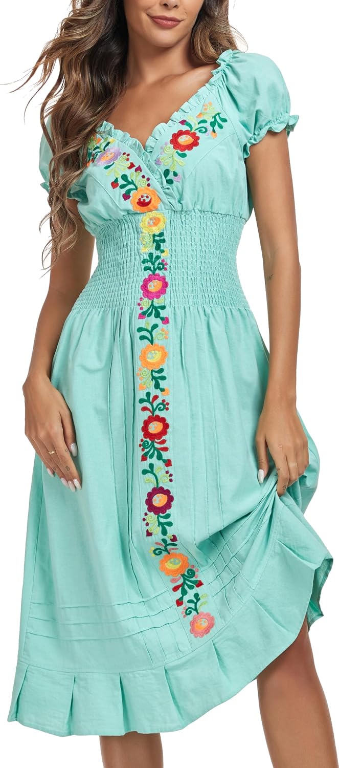 YZXDORWJ Women Mexican Embroidered Casual Dress Summer Ruffle V Neck Short Sleeves
