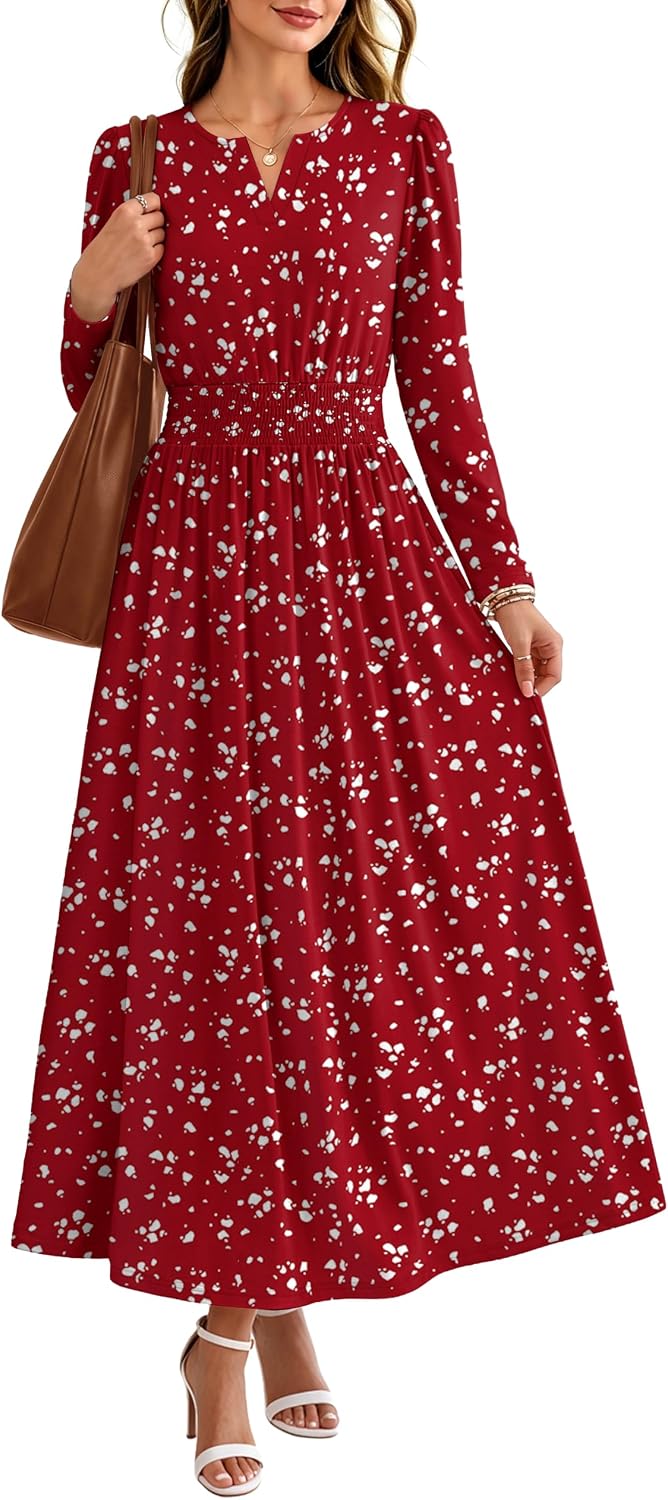 OFEEFAN 2026 Womens Fall Boho Floral Long Sleeve Maxi Dresses with Pockets | Smocked Waist, Notch V Neck, Flowy, A Line, Elegant, Comfy Soft, Casual Daily Work Wedding Guest Church Beach, Fall Outfits