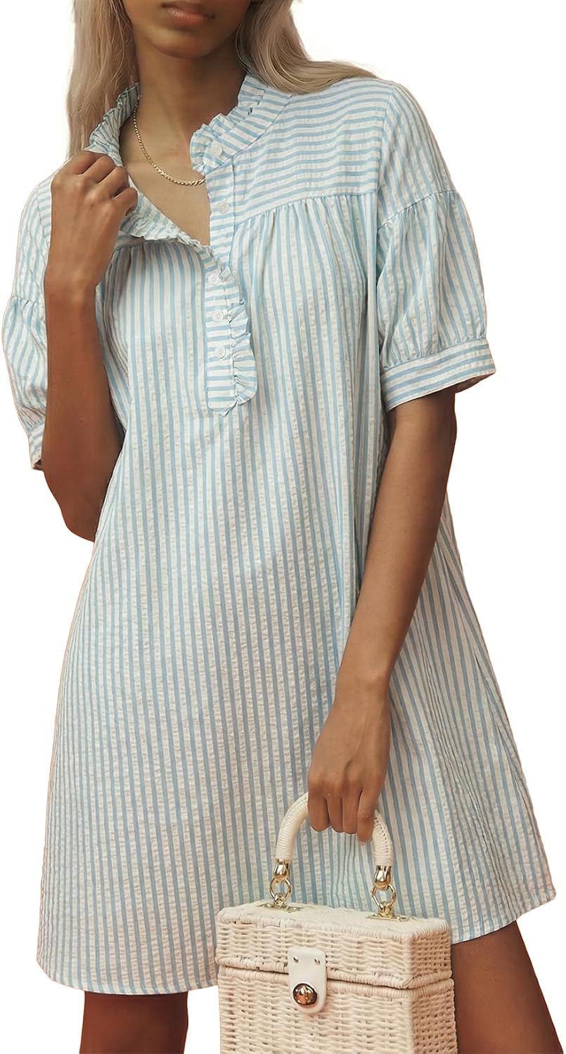 BLENCOT Summer Dresses for Women Puff Sleeve Striped Button Mini Dress | Dressy Casual Dresses, Women's Button Front Ruffle Collar Dress With Pockets Outfit for Work Vacation School