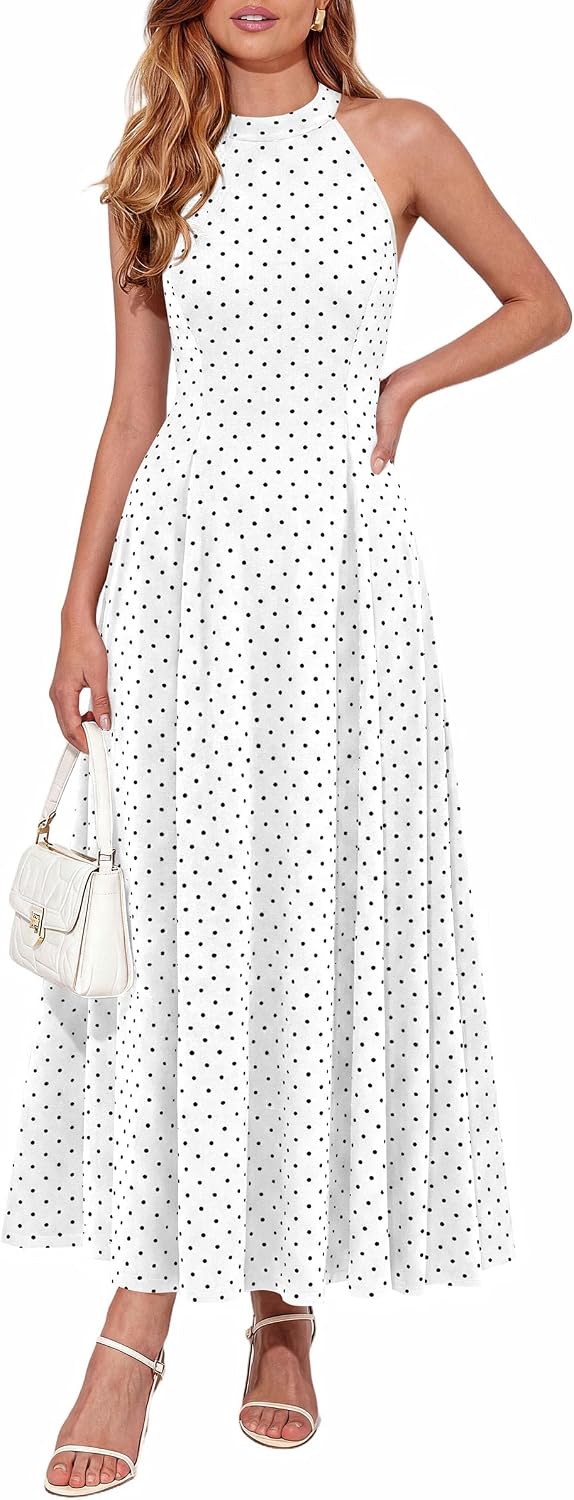 PRETTYGARDEN Summer Flowy Halter Dresses for Women | Elegant Floral\/Polka Dot Print,Sleeveless A-Line,Maxi Long Sundress,Beach Vacation Outfits,Party Wedding Guest Dress