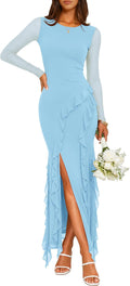 ZESICA Womens Fall Long Sleeve Mesh Bodycon Wedding Guest Maxi Dresses | Asymmetric Ruffle Hem, Side Slit, Sheer Mesh Sleeve, Formal Cocktail Party Dress, Date Night Outfit, Elegant Evening Dress